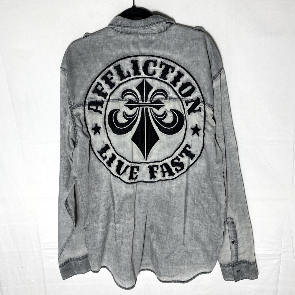 Vintage Y2K Affliction Black Premium Light Grey Embroidered Button Up Shirt 2XL
